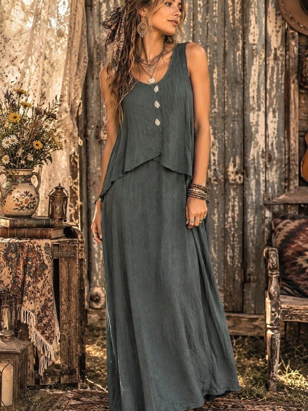 Nina Piccalino Vintage Leaf Button Maxi Dress